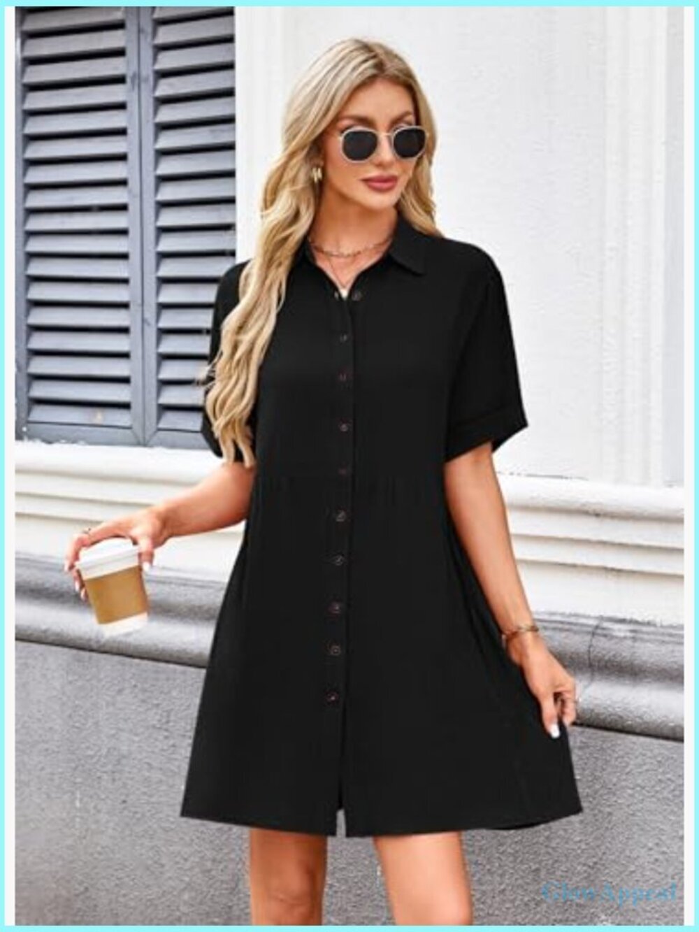 Women's Babydoll Dress Short Sleeve Button Down Sundress with Pockets - Picture 3 of 7